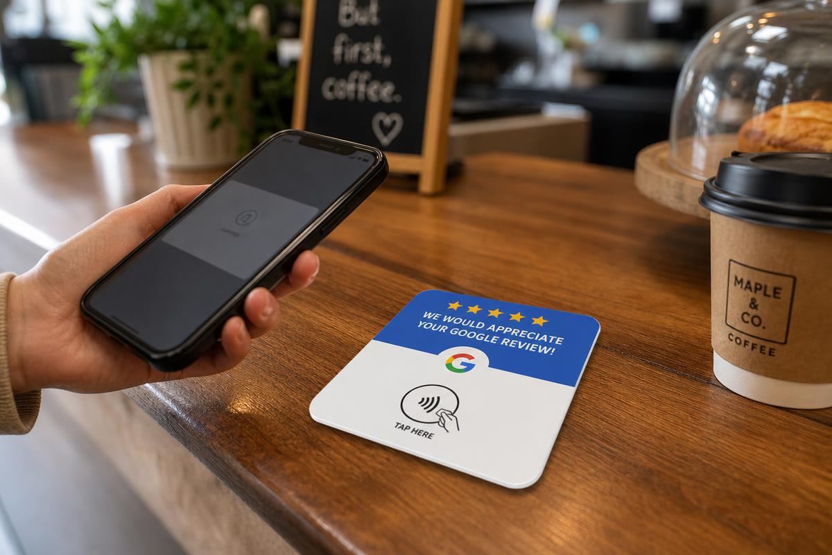Kund blippar sin mobil mot ett ReviewTap-kort på en kafédisk
